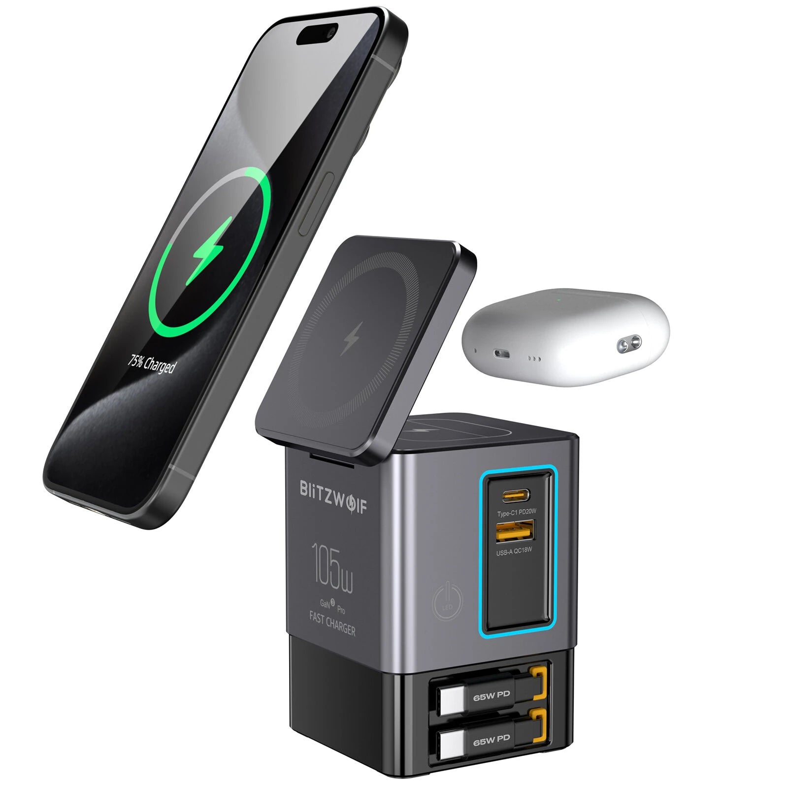 [GaN Tech]Blitzwolf BW-i116 Max 105W 6-in-1 Power Combo Desktop Charger Station with Built-in Dual Telescopic Type-C Cab