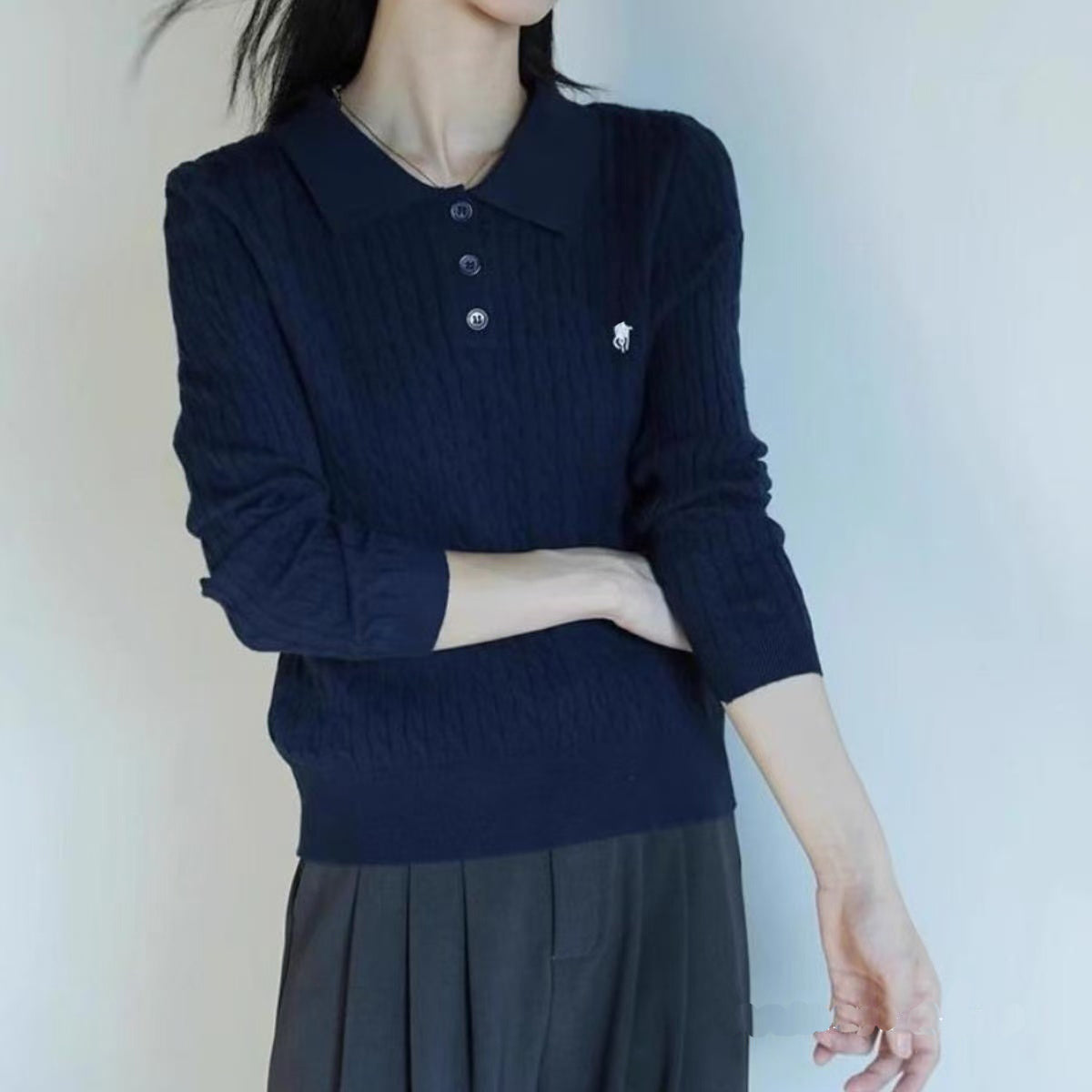 Women Sweaters Autumn Wool Casual Small Horser Pull Half Zip Polo Cardigan Jacket Winter Long Sleeve Sweater Pullover cardigan sweater Size S-XL