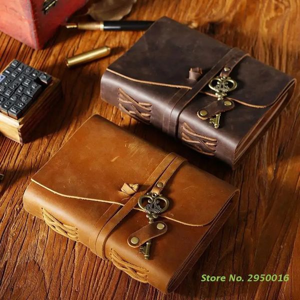 Vintage Cowhide Bandage Notebook Journey Notepad w Key Pendant Not Bleeding Blank Paper for Writing Doodling Drawing Scrapbook 241126