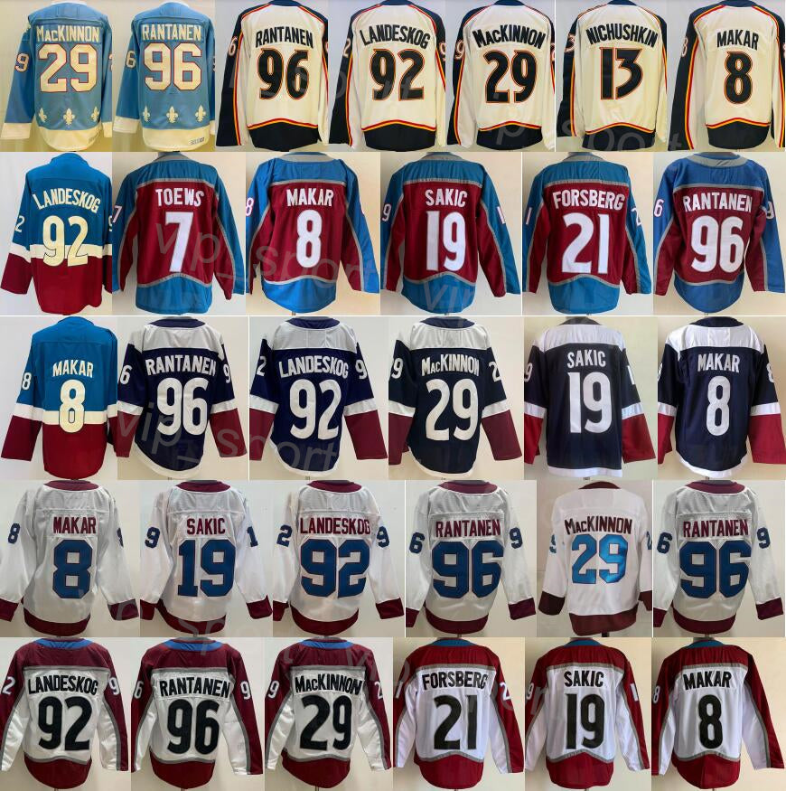Reverse Retro 2023 Hockey 29 Nathan MacKinnon Jerseys 92 Gabriel Landeskog 96 Mikko Rantanen 19 Joe Sakic 7 Devon Toews 21 Peter Forsberg 8 Cale Mak