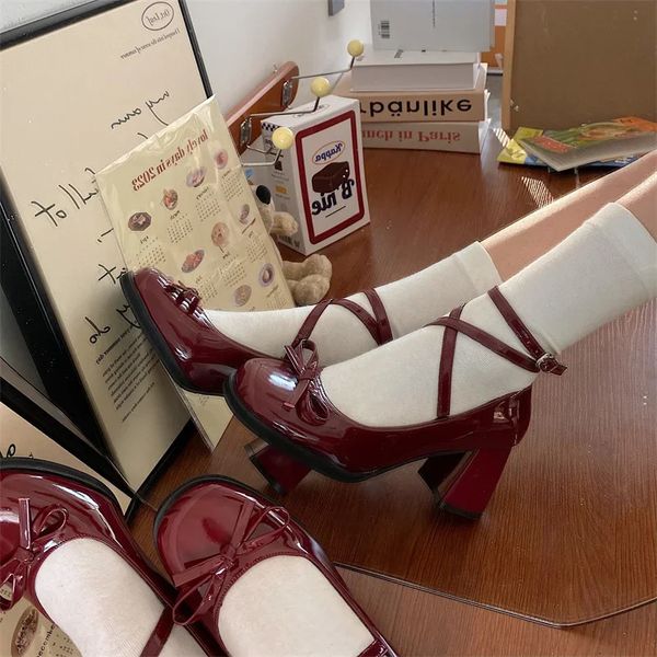 Red Mary Jane Women Pumps Thick High Heels Shoes Female Lolita Square Toe Shoes Spring Fashion Party Leather Woman Shoes 241111