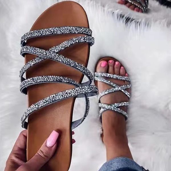 Summer New Style Beach Exposed Round Toe Flat Bottomed Diamond Sandals For Women In Large Sizes Ddmystation