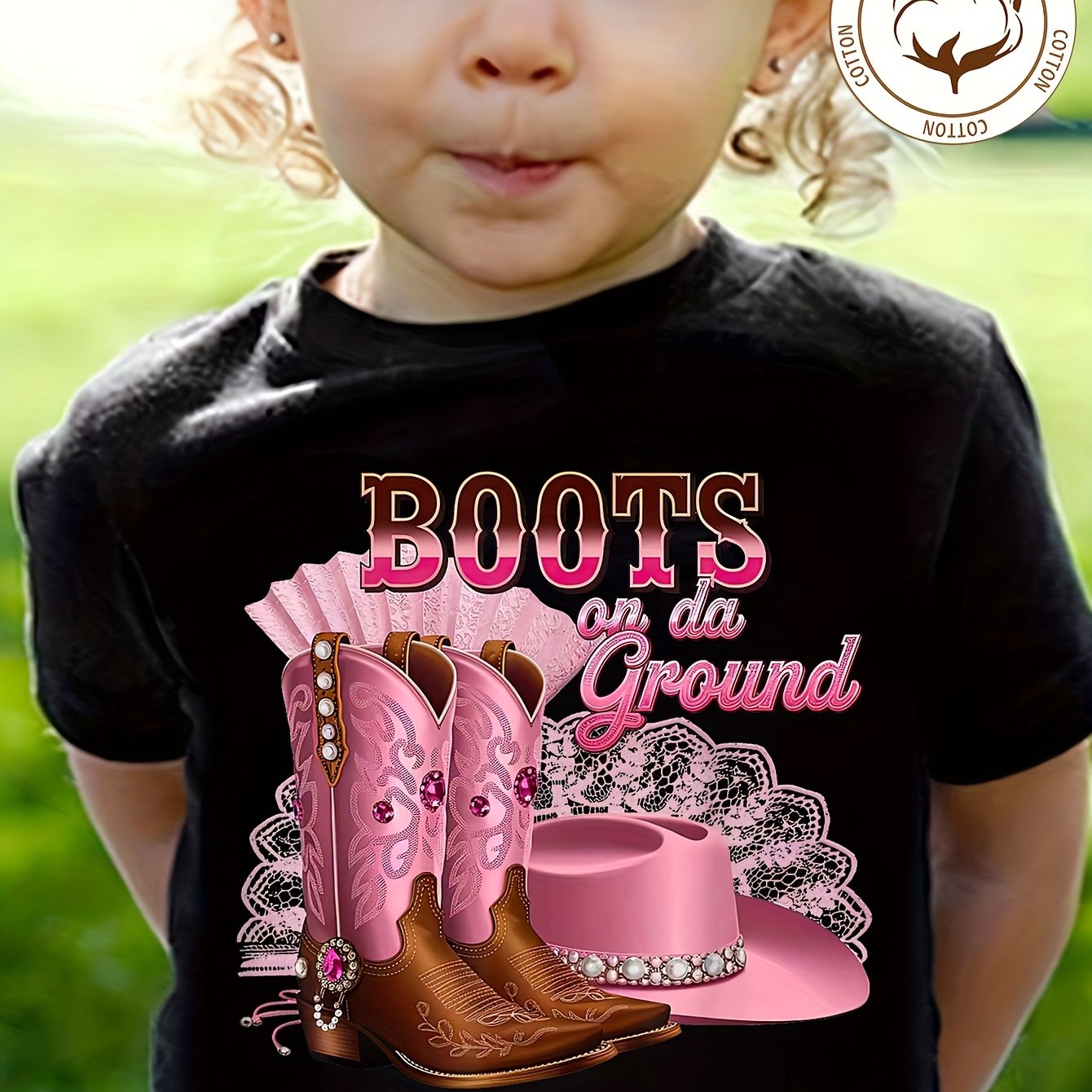 TEMU 's 100% Cotton "boots On " Alphabet Cartoon Cowboy Hat And Boots Print T-shirt Comfortable And Casual Round Neckshort Sleeved Shirt For Suitable