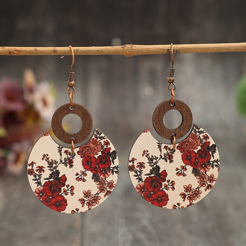 TEMU Pair Of Vintage Floral Earrings - Boho Chic Round Hollow-out Design With Floral Print, Recycled Wood, Casual Attire For Women, Casual Jewelry,