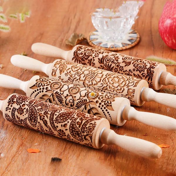 1 pcs Wooden Sunflower Embossed Rolling Pin with Pattern for Kitchen Pastry Baking Tools Deep Engraving Cookies Stamp Tool 250113