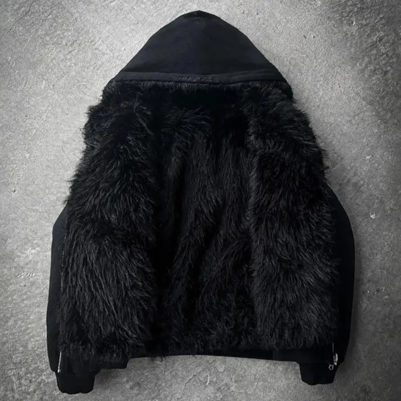 Y2k Men Punk Gothic Hip Hop Graphic Solid Color Faux Fur Collar Hoodies Clothes Casual Price Fashion Aesthetic Streetwear 241212