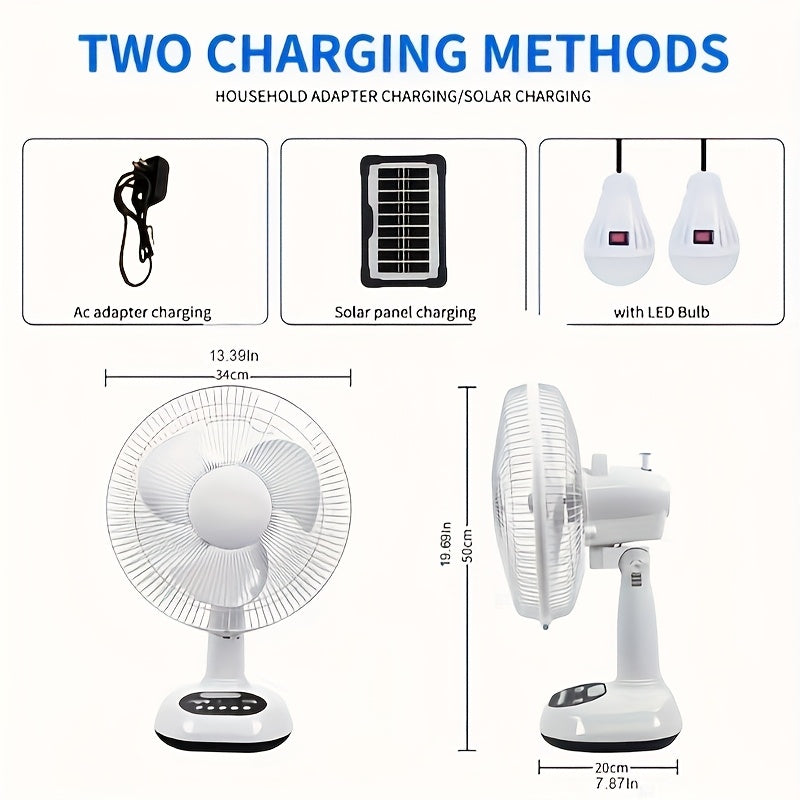 TEMU Battery Capacity: 14400mah, 12-inch Portable Solar Charging Fan, Adjustable Tilt, Long , Strong , With 2 Bulbs, With Led Lighting And Usb Mobile