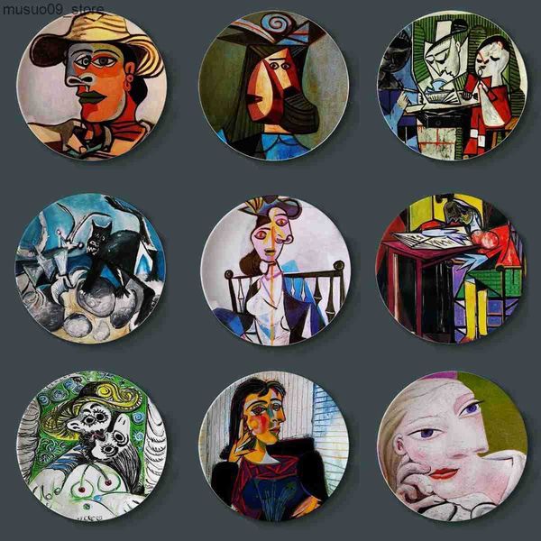 Decorative Plates Spanish Picasso Painting Plates for Home Wall Decor Abstract Watercolor Desk Display Ceramic Craft Round Colorful Plate L2