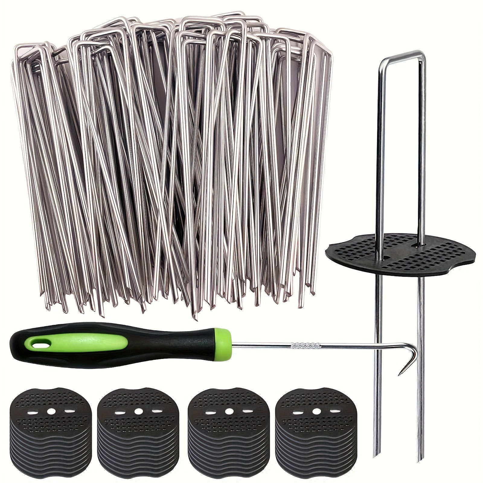 TEMU 1 X 100pcs Lawn U-peg Set, Garden Stakes 50 Lawn Fixing Pegs + 50 Washers (with 1 Toggle Hook), Galvanized Landscape Pegs, Heavy Duty Garden