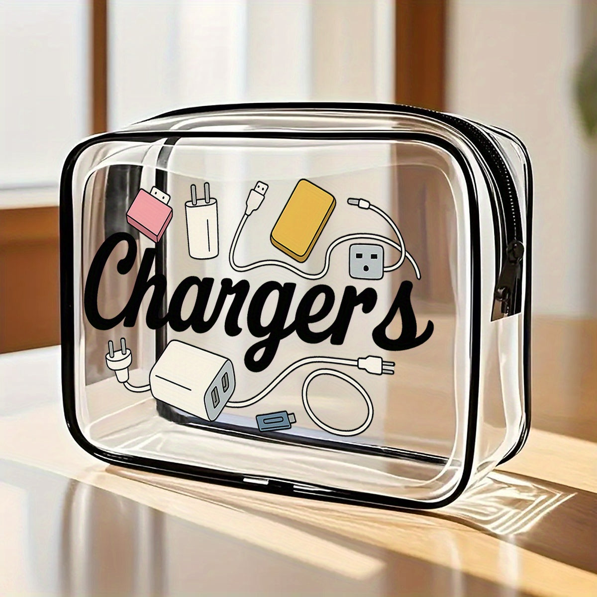 TEMU 1pc Transparent High-quality Pvc Travel Grooming Bag, Single-sided Charger Printing - Portable Makeup Brush And Accessory Storage - Suitable For