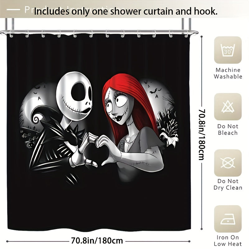 TEMU Horror Couple Shower Curtain Set, Including Bathroom Floor Mat And Toilet Cover - The For Halloween Decoration, Suitable For All , High Quality,