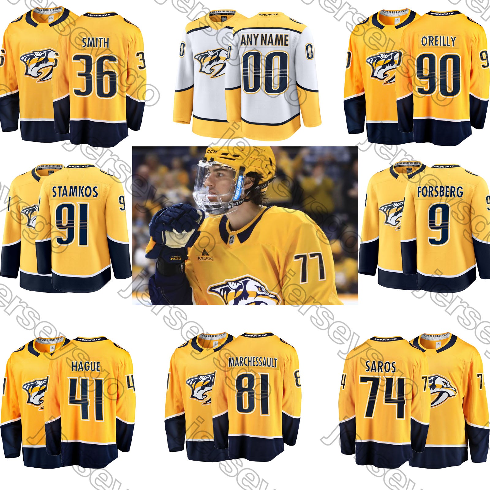 Roman Josi hockey jersey Juuse Saros Filip Forsberg Steven Stamkos Jonathan Marchessault Luke Evangelista Cole Smith Nick Perbix Erik Skjei Predator
