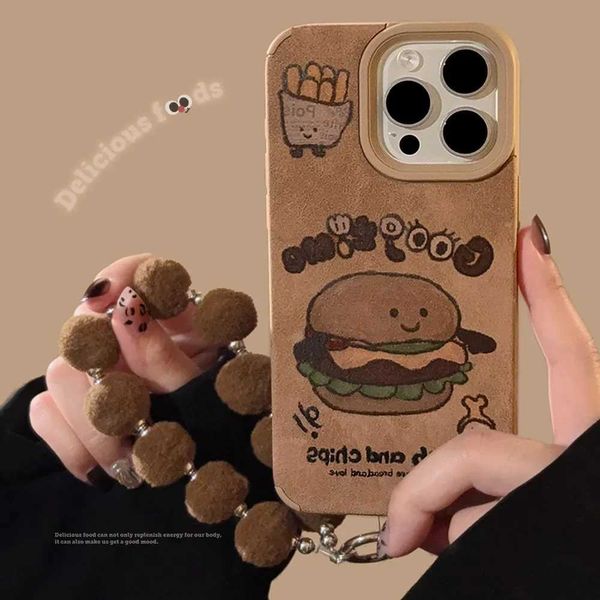 High Quality Hamburger chip French fries plush ball pendant phone case suitable for iPhone 16 15 14 12 11 Pro Max phone case cute cartoon co