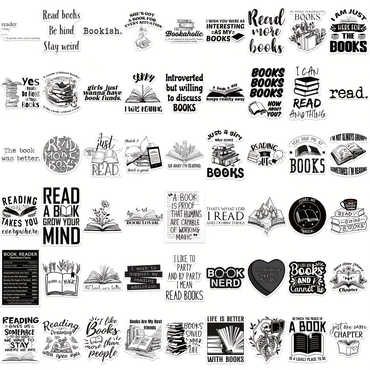 TEMU 54pcs Book Lover Stickers Pack - Black & White Vinyl Decals, Aesthetic Stickers For Laptop, Water Bottle, Scrapbooking - Inspirational , ,