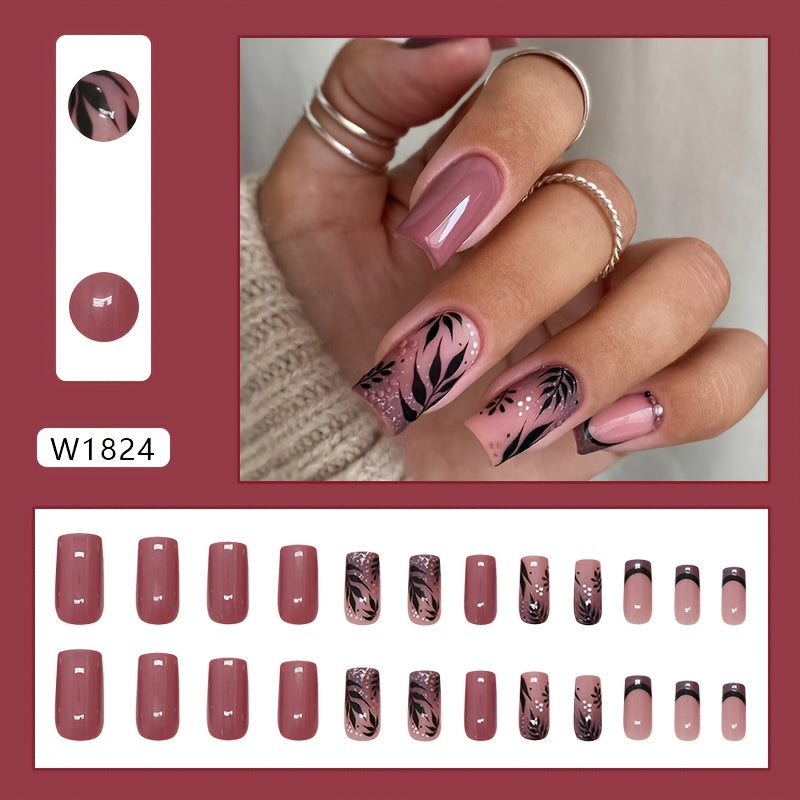 TEMU French Tip Press-on Nails With Leaf Design - Medium Square, Glossy Finish, Everyday