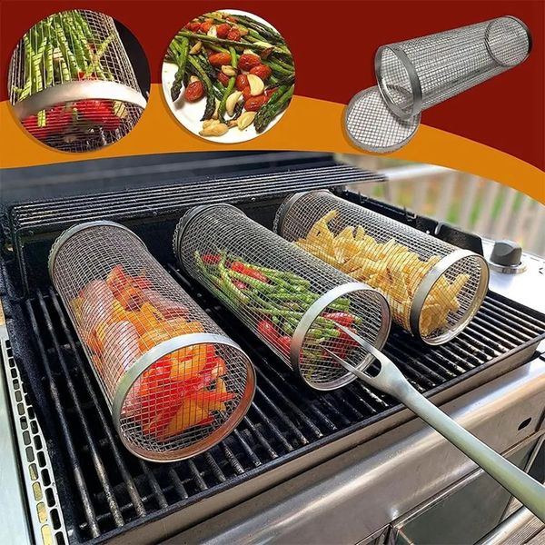Barbecue Cage Barbecue Grille Camping Picnic Kitchenware Outdoor Round Barbecue Bonfire Grille Rolling Grille Basket 240829