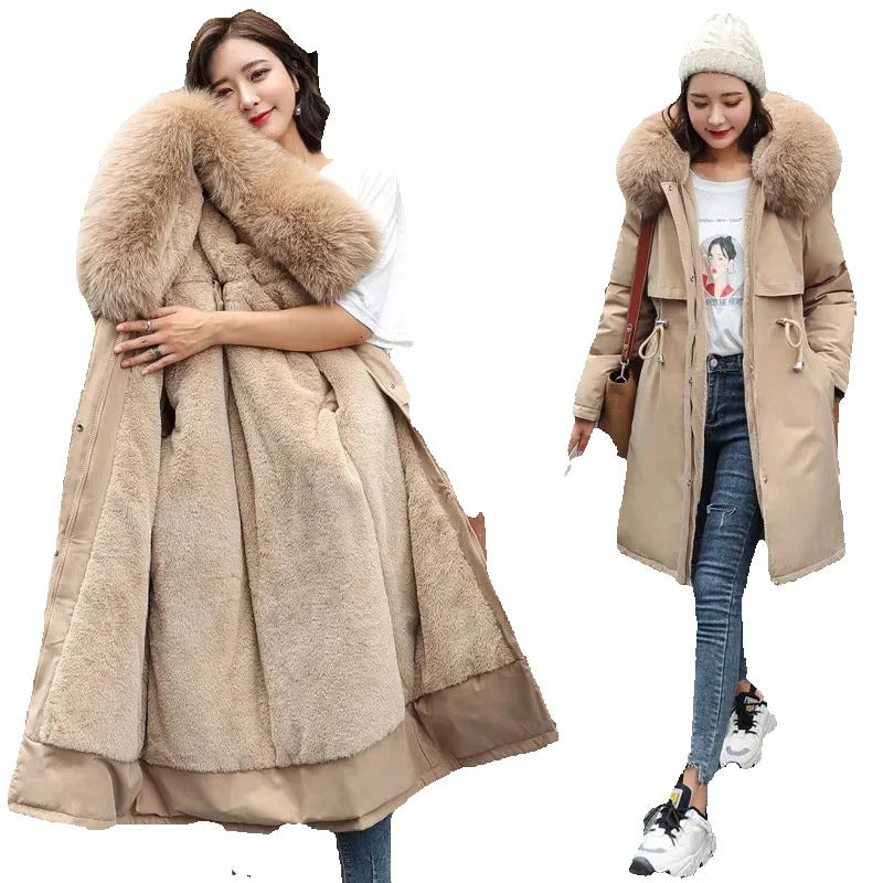 Winter 2024 New Women Clothes Long Coat Wool er Hooded Jacket Fur Collar Thick Warm Snow Wear Fashion Parka