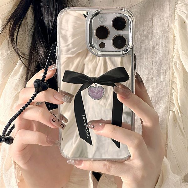 Fashion Girl Designer Glossy Personality Cute Pink Love Bow Tie Glitter Mirror Case For iPhone 16 15 14 13 12 11 Pro Max XR X-XS Max With Ha