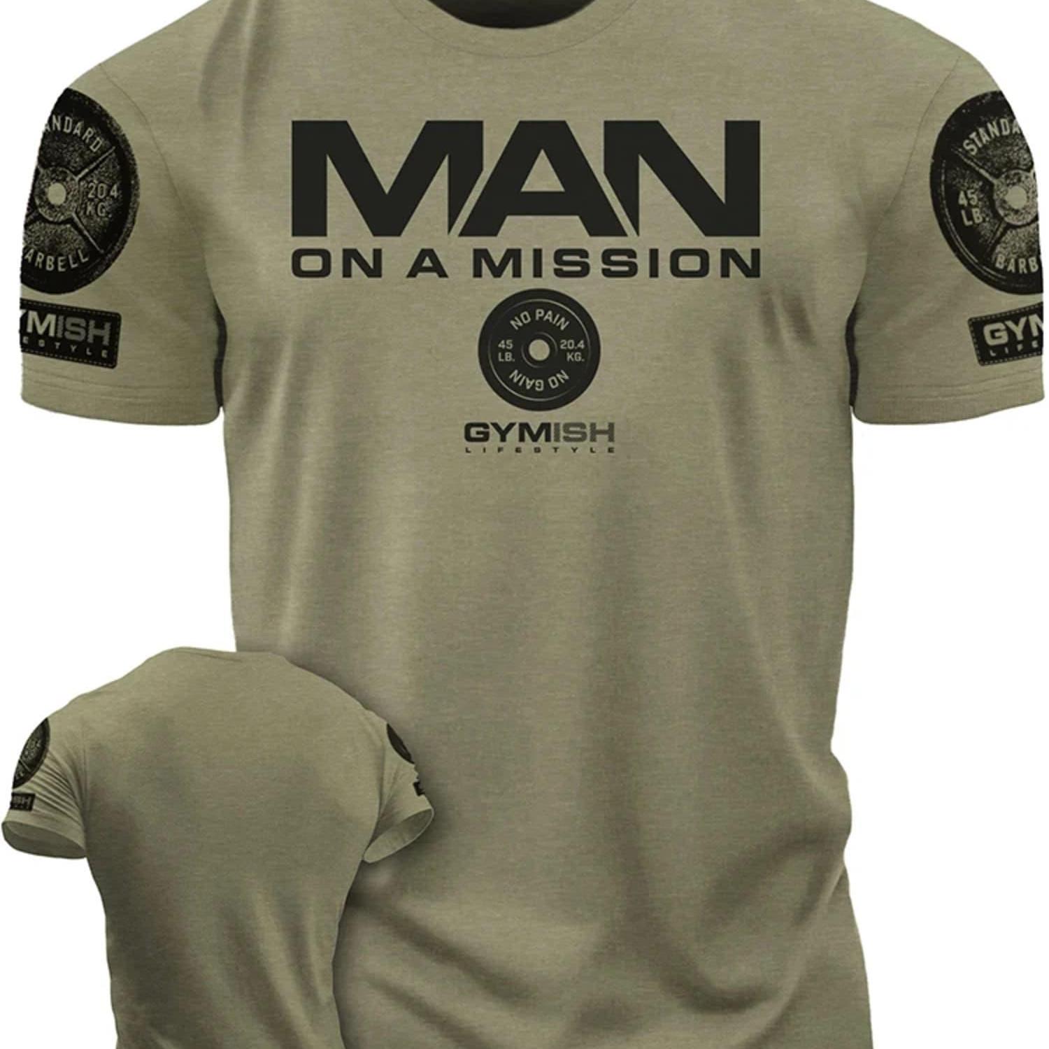 TEMU Men's Beige Gym Shirt - Heavyweight Workout Tee With "for Man On A " Design - Relaxed Builder T-shirt For Training, Casual Wear - Ideal Gift For