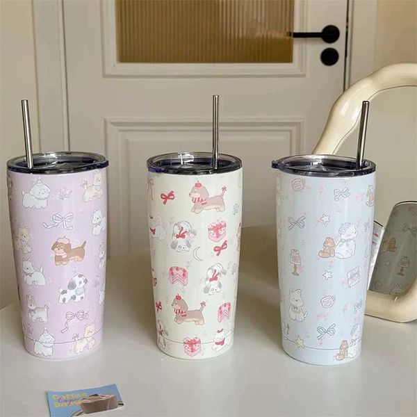 Cute Sainless Steel Thermos Bottle Tumbler For Ice Coffee Tea Beer Juice 550ml Kawaii Thermal Cup With Straw Large Water BottleCL240809