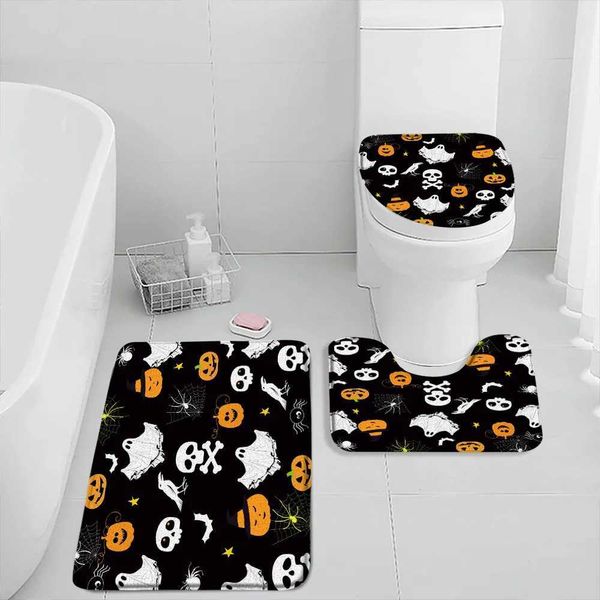 Halloween Cartoon Bath Mat Set 3-Piece Ghost Wizard Hat Crow Black Cat Pumpkin Lantern Bathtub Carpet Flannel Toilet Cover M240829