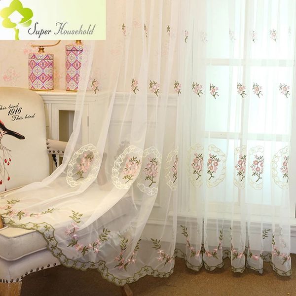 Korean Style Pink Embroidered Tulle Sheer Curtains For Bedroom Blue Flower Window Screen Panels Lace Sheer For Living Room Kitchen 240730