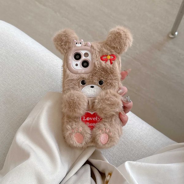 Cartoon Cute Flower Bear Plush Phone Case for Couples in Autumn and Winter Warm Phone Accessories iPhone 16 15 Pro Max M241209