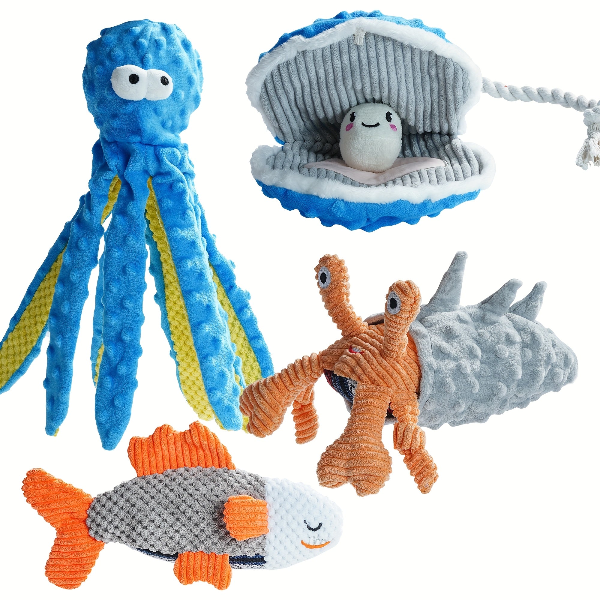 TEMU 4-pack Nocciola Ocean Theme Dog Toys - Crinkle Squeaky Interactive Plush Chew Toys For Puppies, Durable Non-toxic Fabric With Octopus, Salmon,