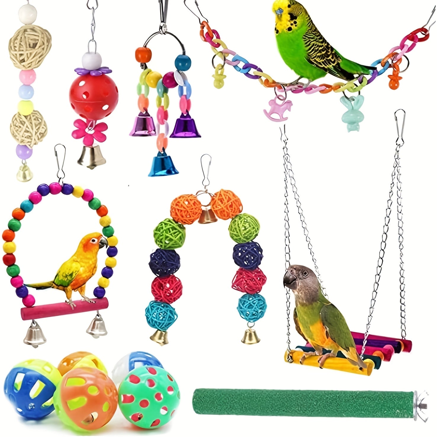 TEMU 12pcs Bird Toys For Parrots - Colorful Plastic Hanging Swing, Chewable Ladder, Bell & Hammock Toys For Small To Large Birds (parakeet, Conure,