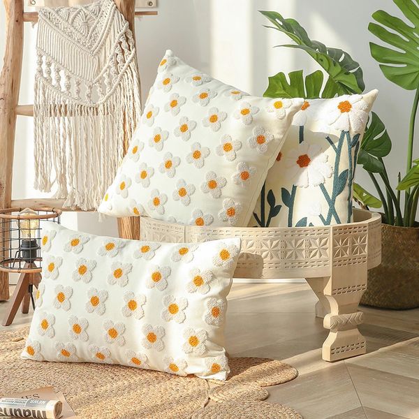 1PC White Boho Floral Tufted Decorative Throw Pillowcase Botanical Embroidered Cotton Cushion Case Cover for Couch Sofa Bed 240521