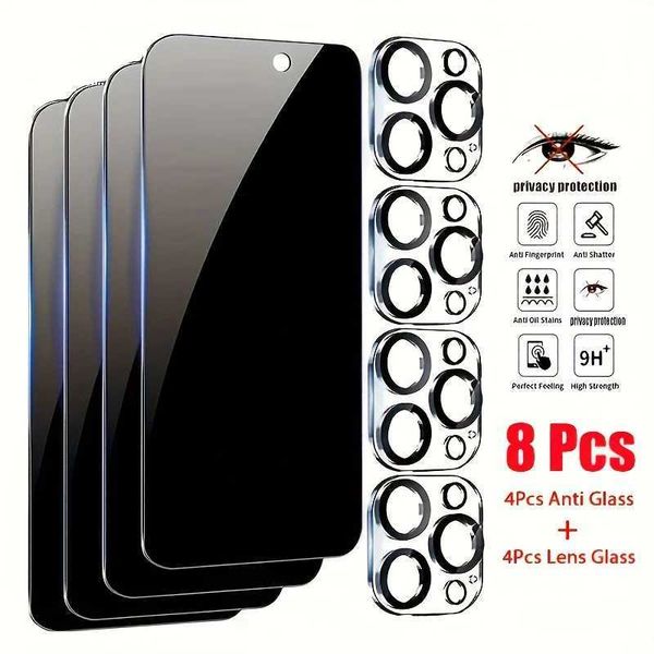8in1 Privacy Tempered Gass for iPhone 15 Pro Max 4PCS Lens Screen Protector for iPhone 14 13 12 11 Pro Max 14 Plus Phone GlassT250115