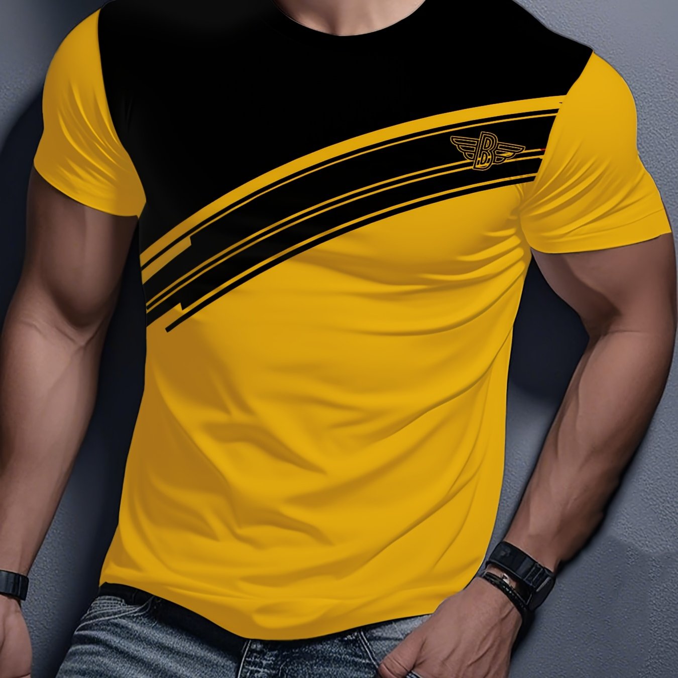 TEMU Men's Casual Print T-shirt - 100% Polyester, Logo Short Sleeve, Round Neck, Machine Washable - Summer , Summer Casual Wear | Graphic Tee |