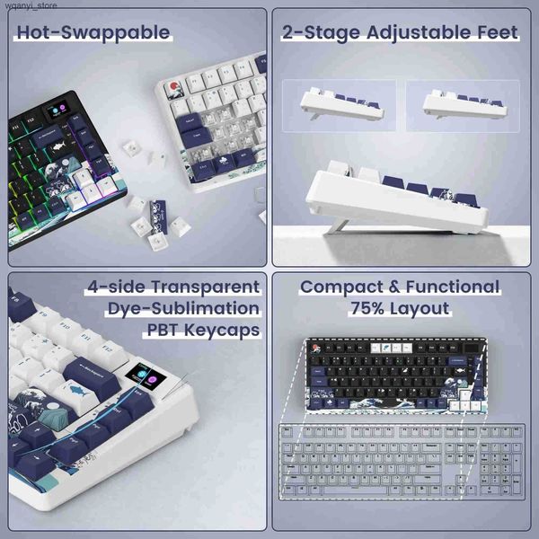 Keyboards Womens S-K80 75% Coral Sea keyboard OLED display mechanical keyboard heat exchange keyboard pad RGB custom keyboard L240910