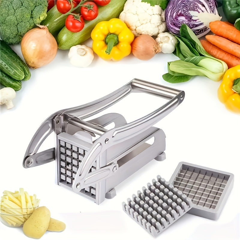 TEMU Stainless Steel French Fry Cutter & Vegetable Slicer - Manual Hand-powered Kitchen Tool With Interchangeable Grid Plates For Fruits, Potatoes, -