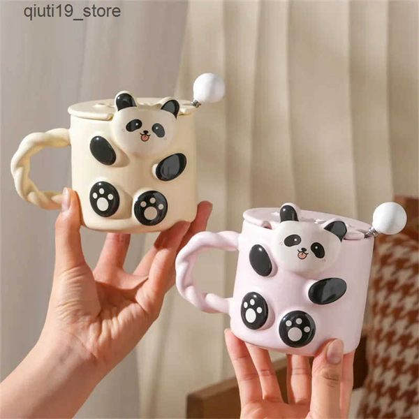 Mugs Panda Pattern Ceramic Cup with Lid and Spoon Coffee Juice Yogurt Cup Breakfast Oatmeal Milk Tea Mug Office Water Cup Girl Gift J241204