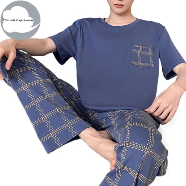Summer Knitted Cool Mens Pyjamas Pajamas Casual Short-Sleeved Long Pants Pjs Sets Mens Sleepwear Nightwear Pijamas 4XL Homewea 240819