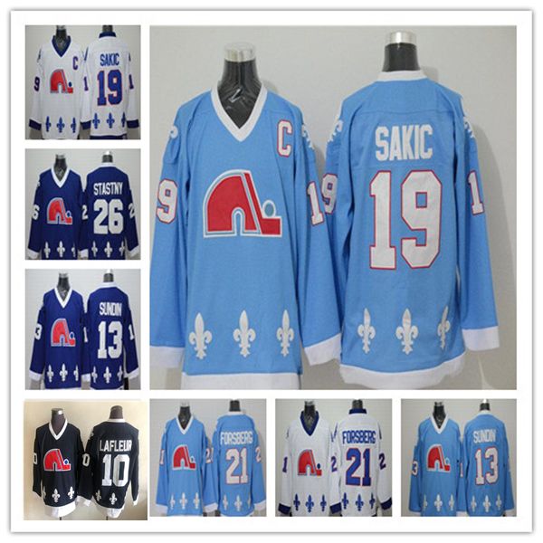 Men Retro Quebec Nordiques Jerseys Hockey 19 Joe Sakic 21 Peter Forsberg 13 Mats Sundin 26 Peter Stastny 10 Guy Lafleur Light Blue White Bla