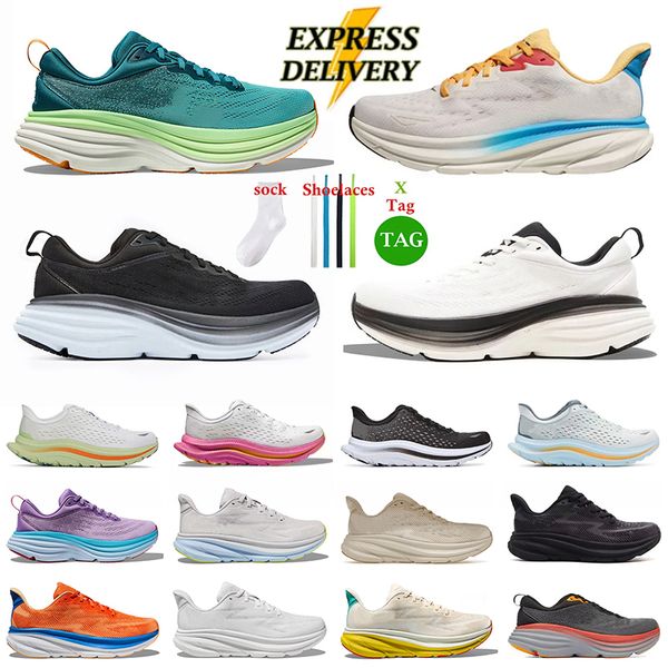 Designer Running Shoes Bondi 8 Clifton 9 Para homens homens veja marrom marrom preto branco pêssego chicote arey azul costeiro céu tudo a bo