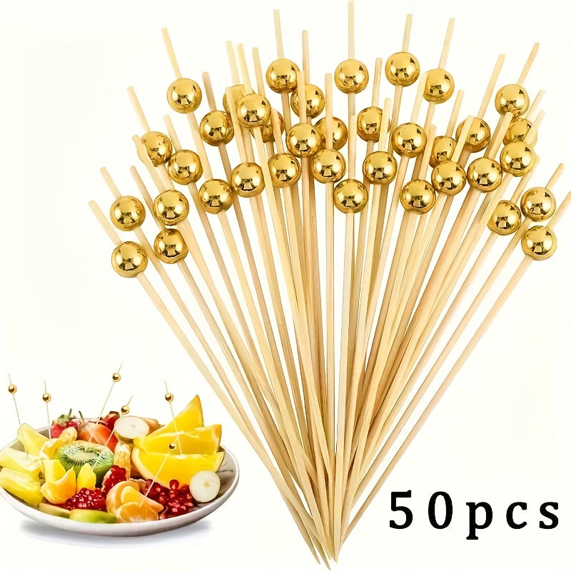 TEMU 50pcs Elegant Bamboo Chopsticks - 4.7 Inch Natural Bamboo With Glossy & Decorative Pearls, Sturdy & Smooth For Burgers, Sandwiches, Cakes, Fruit