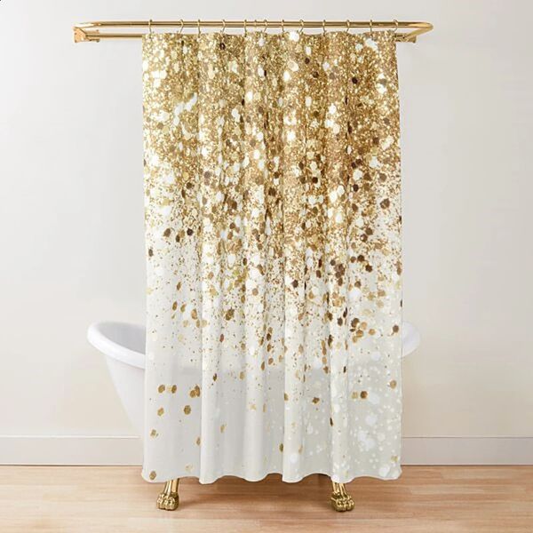 Gold Glitter Glam Shower Curtaingolden Sparkg Shiny Art Bath Curtainpolyester Washable Bathroom Curtains Set with Hoo 240801