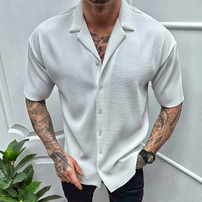 Men&#039;s Casual Shirts Leisure Solid Color Ribbed Men Clothes Fashion Short Sleeve Lapel Button Shirt 2023 Spring Summer Streetwear 230506