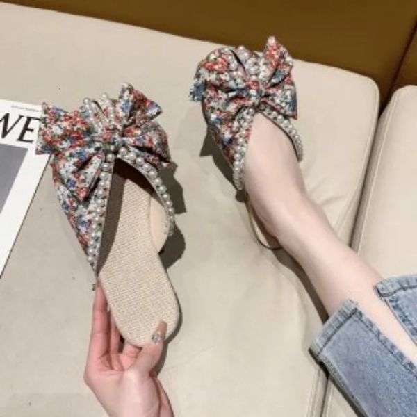 Womens Shoes Baotou Womens Slippers Fashion Butterfly-knot Daily Slippers Women String Bead Plus Size Flat Slippers 250120