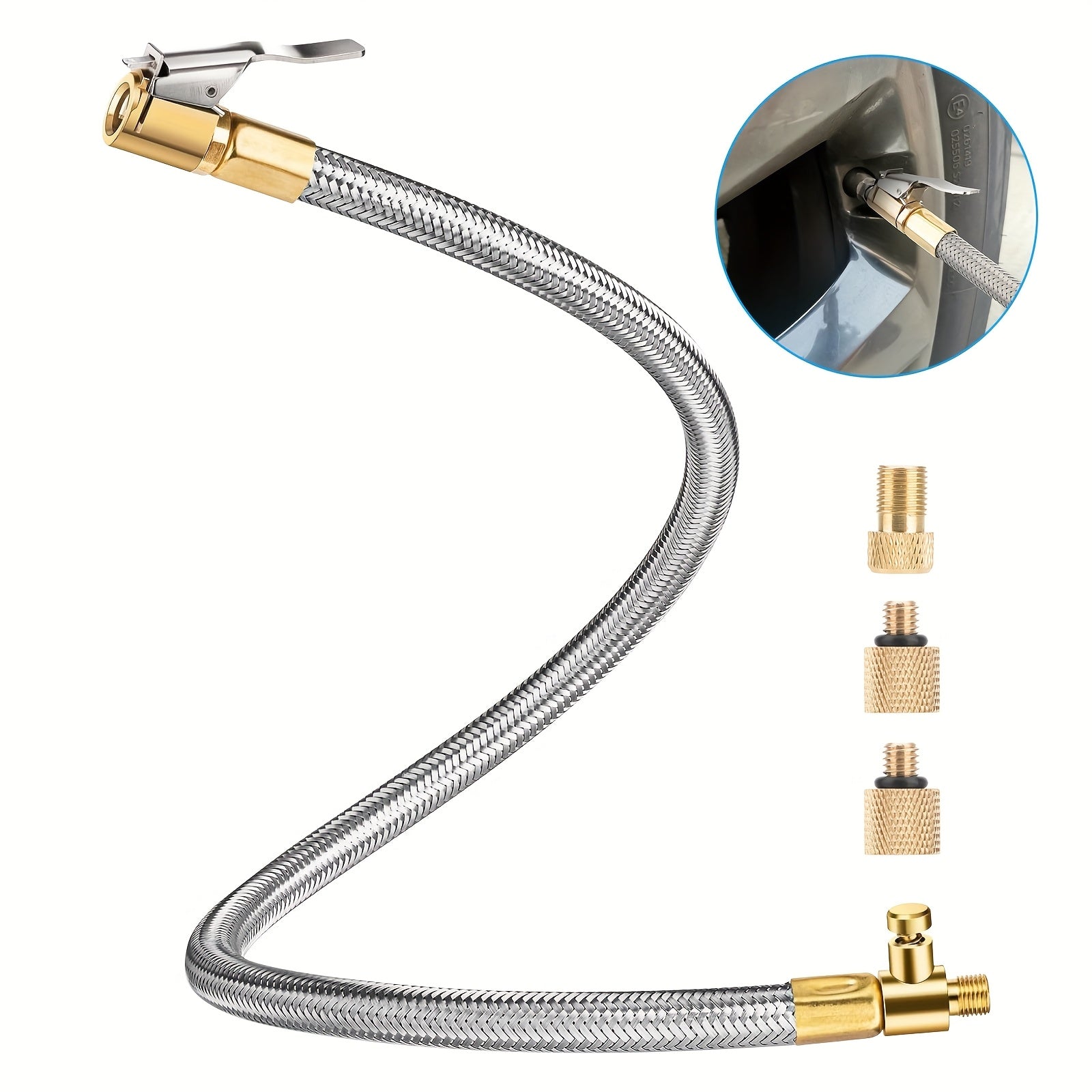 TEMU 21inch Tire Inflator Extension Hose Adaptor Release, Clip-on Locking Air With Flexible Stainless Steel Tire Valve Extension Tube