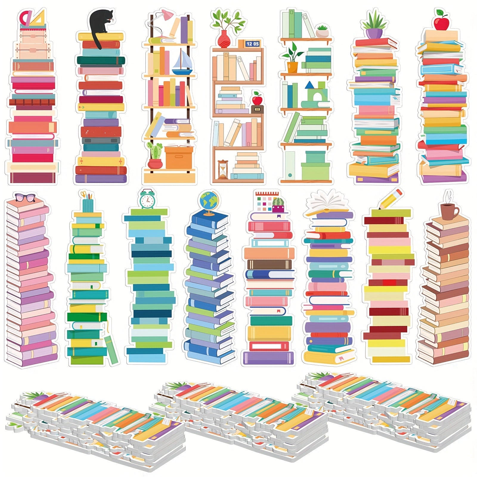 TEMU 150pcs Book Bookmarks Bulk 6.3x1.97 Inch - Whimsical Bookshelf Design Double-sided Paper Bookmarks With Cats, Pencils, Plants & - Colorful