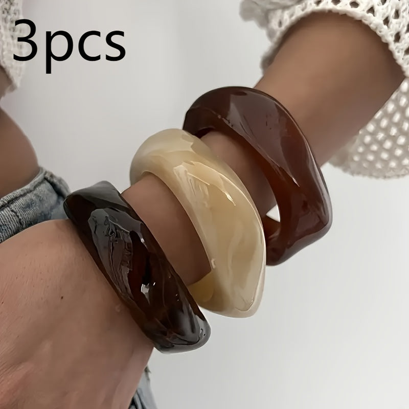 TEMU 3-4pcs Retro Style Acrylic Bracelet Set - Unique Irregular , Perfect For Vacation, Casual Wear, And Gift-, Everyday Vintage Glossy Hand Jewelry