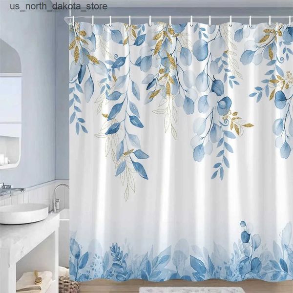 Shower Curtains Blue shower watercolor plants eucalyptus leaves modern simple home decoration fabric bathroom curtains with hooks J241205