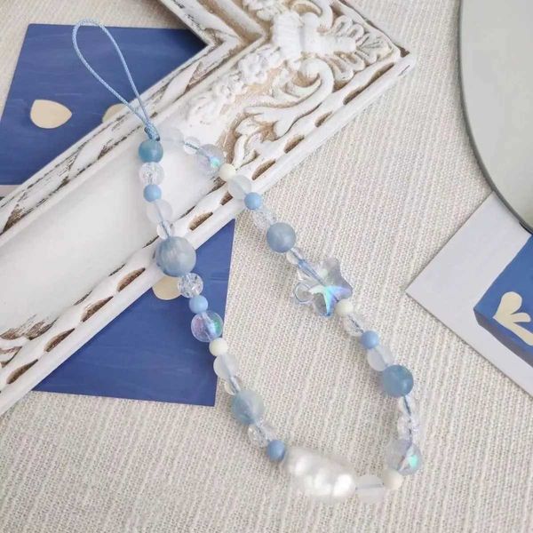 Cell Phone Straps Charms Unique Handmade Blue Starry Ocean Phone Chain Charm Strap Wrist Hanging Keychain Ins Style Woman Girl Camera Lanyar