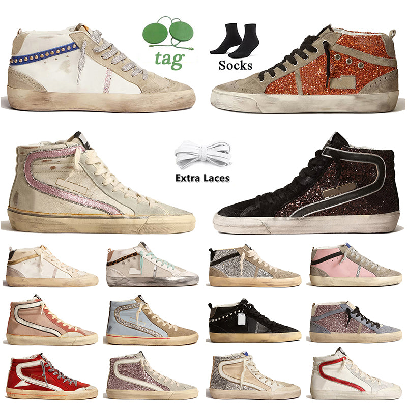 Luxury Fashion Mid Star Women Mens Designer Casual Shoes High Top Slide Sneakers Gold Silver Glitter Leather Upper Vintage finish Italy Brand Handma