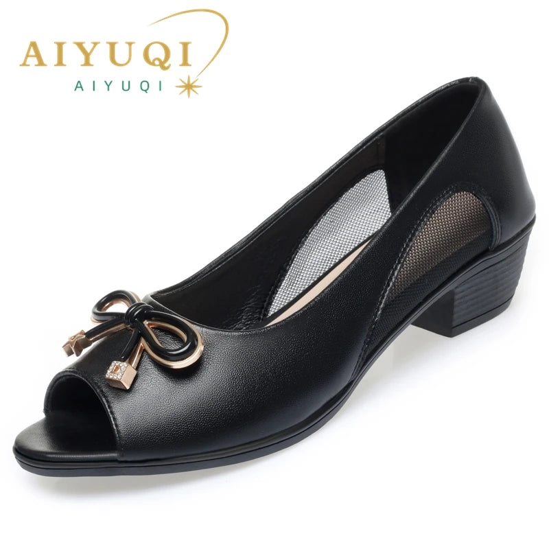 AIYUQI Summer Sandals Women Wedges Genuine Leather Mom Sandals Fish Mouth Mid-heel Large Size Women&#039;s Sandals