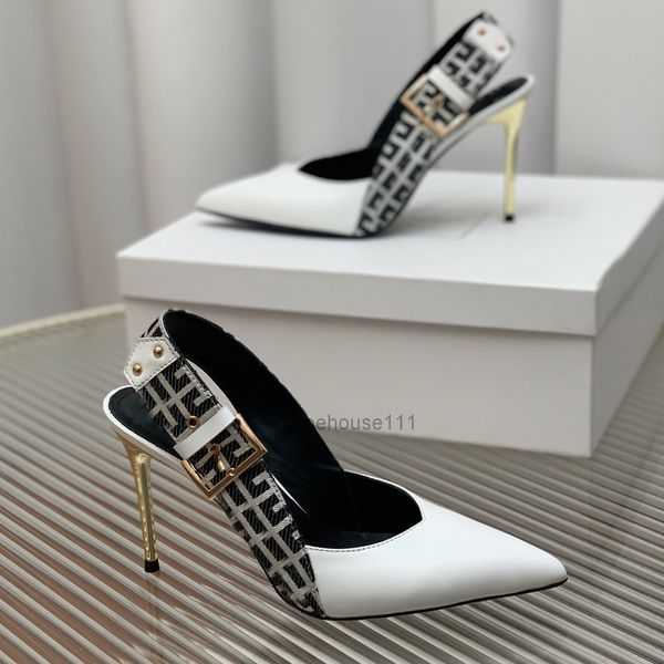 Dress Shoes Heels Designer Sandals Cowhide Printed Buckle Slingbacks Stiletto Pointed Toes Pumps 9.5cm High Heeled Sandal 35-42 Metal Heel W